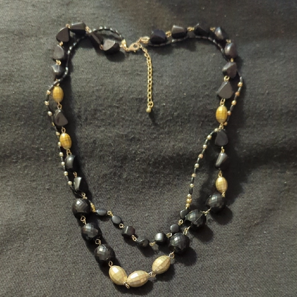 Gold Tone And Black Beaded Layered Statement Necklace